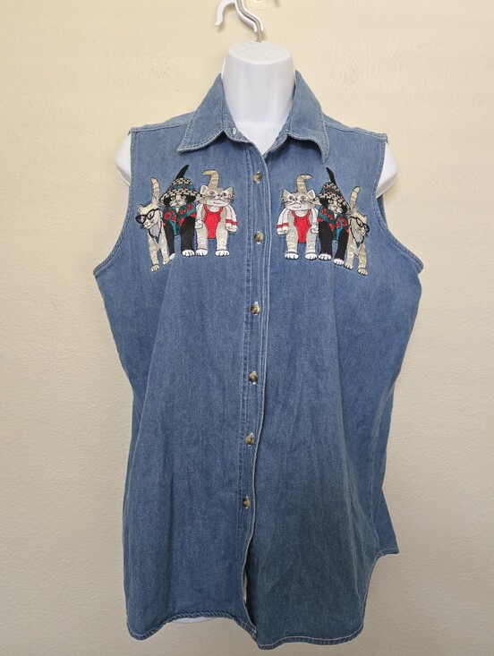 Tops - Vintage 90s Cat Lady Embroidered Denim Button Down Cotton Shirt Large Retro Art